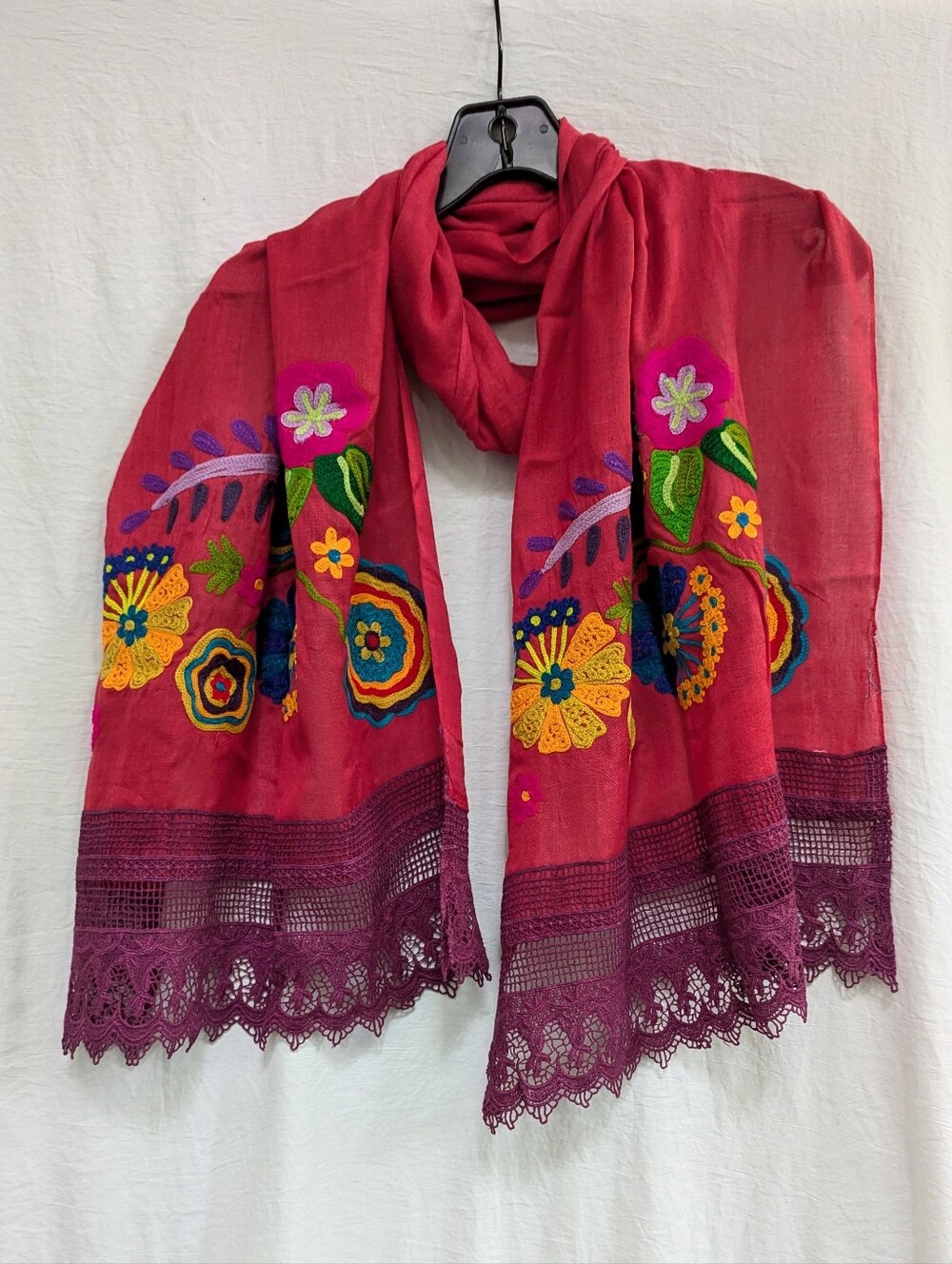 Colorful Embroidered Semi Sheer Scarf Crochet Fringe 19x76 Boho Gypsy